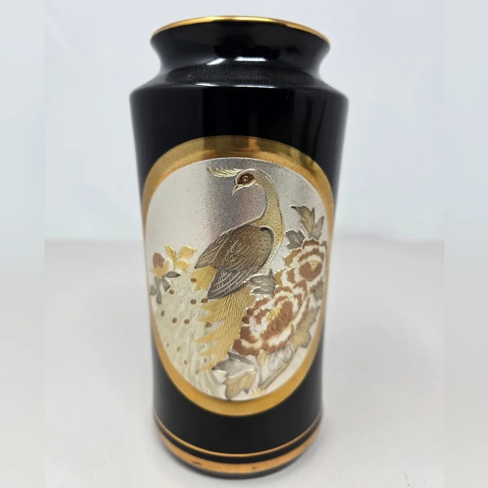 Vintage Chokin Collection Vase Engraved Bird Design With Flower Black Pottery